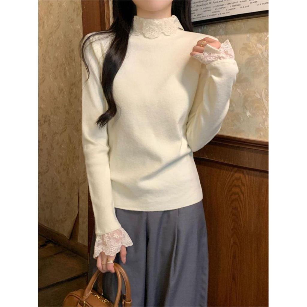 Korean Lace Patchwork High Neck Sweater - Slimming & Flattering Long Sleeve Top for Women