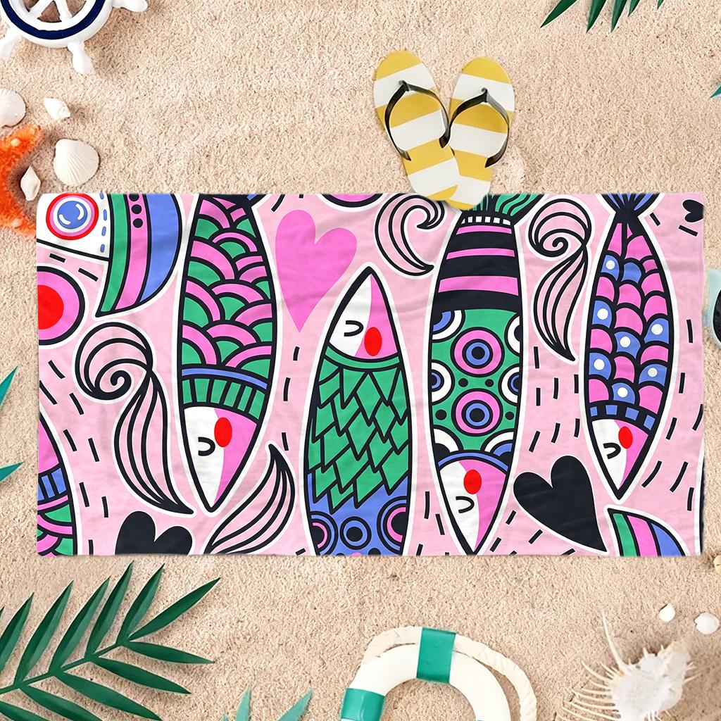 1Pc Pink Cartoon Art Fish Beach Towel Large Towel Super Absorbent Suitable For Beach Vacation Pool Summer Gift For Friends