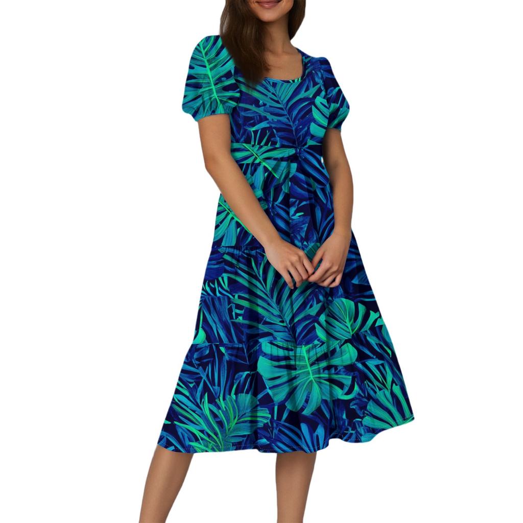 Women's Summer Floral Print Short Sleeves Neck Waistband Bohemian Flowy Maxi Dress With Pockets