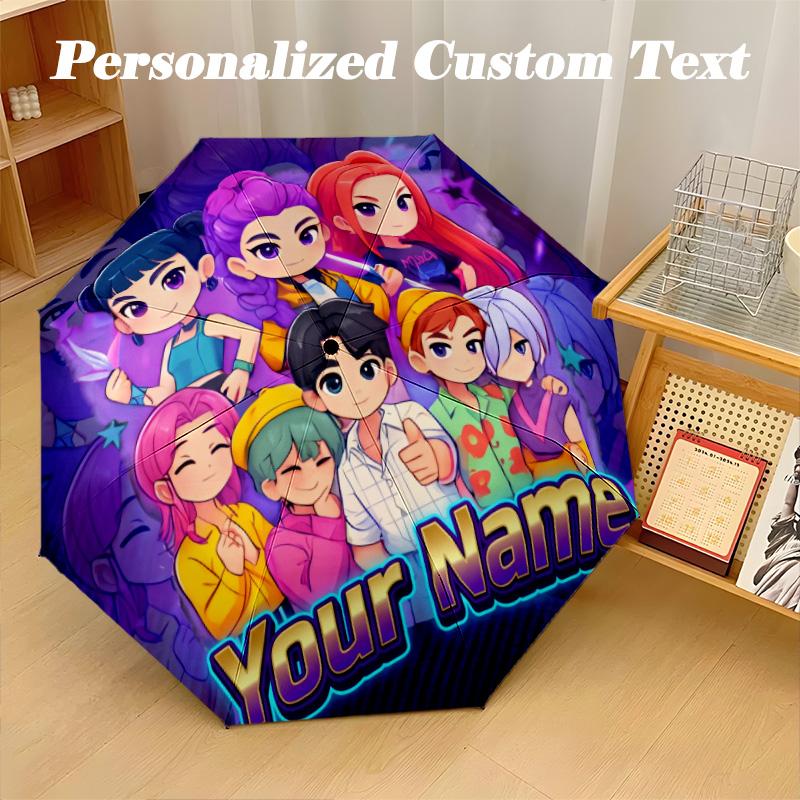 8 Rib Auto Folding Umbrella Kpop Demon Hunters Print Custom Name Text Portable Rain Gear