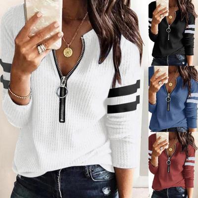 Damenmode, einfarbig, V-Ausschnitt, Reißverschluss, lässig, lange Ärmel, Basic-Top, Bluse in Übergröße