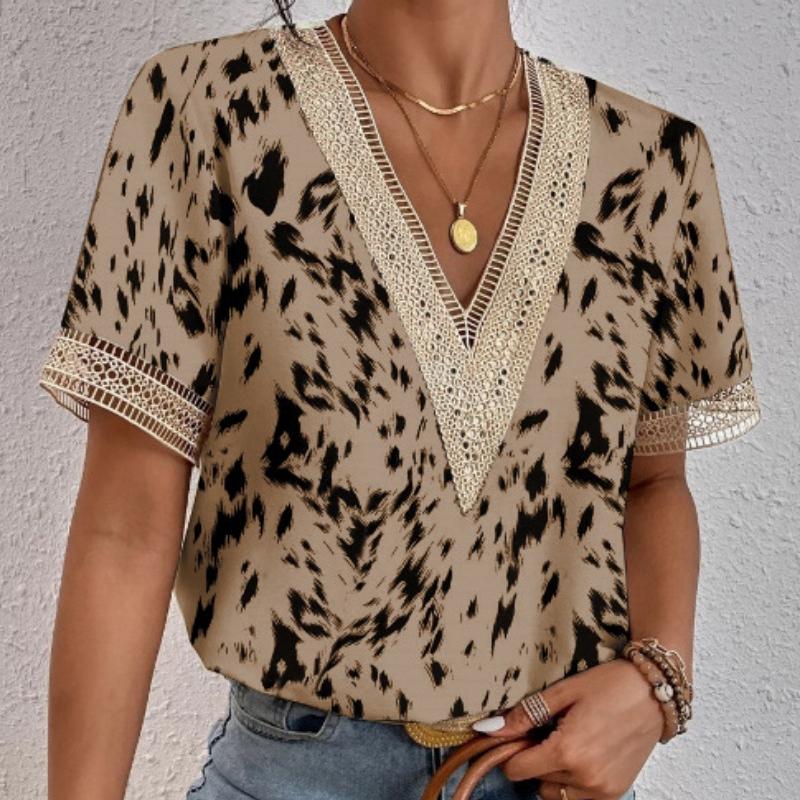Sommer V-Ausschnitt Spitze Loose Print Damen Bluse Tops Stilvolle Bürodame Kurzarmshirt Damen Vintage Elegante Casual Blusen Damenbekleidung 24308