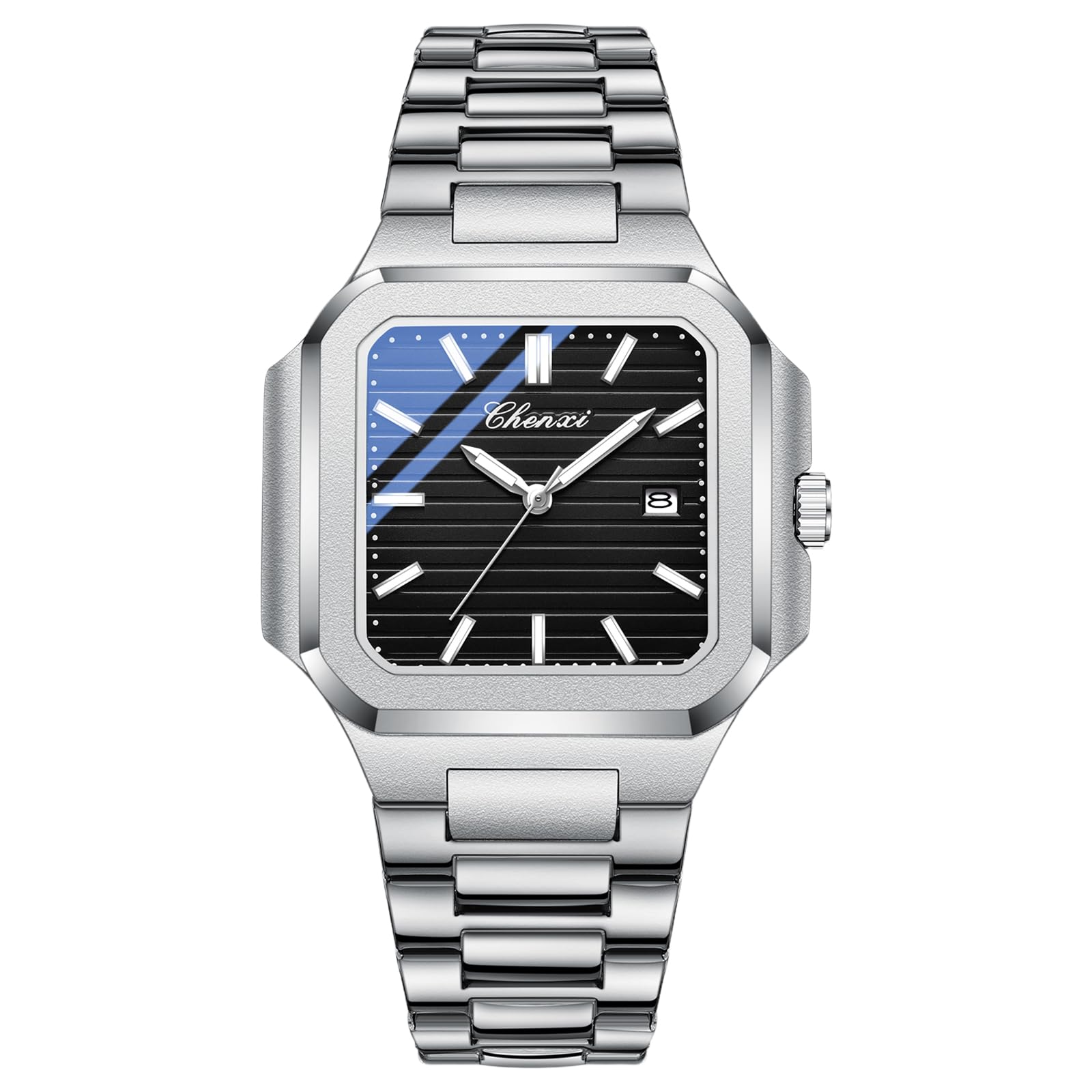 

Чоловічий квадратний годинник зі світловідбиваючою функцією та календарем: Водонепроникність 3 АТМ, Кварцовий механізм у корпусі-баку, Браслет з нержавіючої сталі, Відображення дати,