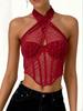European & American Sexy See-Through Mesh Halter Top with Sequins & Fishbone Rhombus Pattern