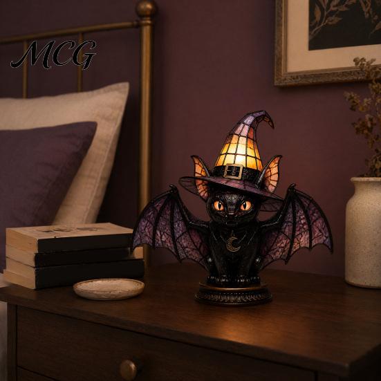 Vintage Style Table Lamp Witch Hat Lamp, Stained LED Light, Halloween with Warm Glow, Gothic Reading Nook Decor Night Light for Bedroom Mantel