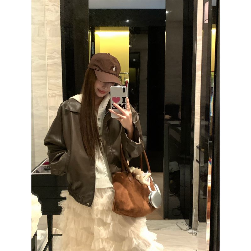 

Kumikumi Чувство дизайна Черная куртка с длинным рукавом из искусственной кожи Женская Осенняя Универсальная Свободная Приталенная Темпераментный Топ Curry Leather Outwear M