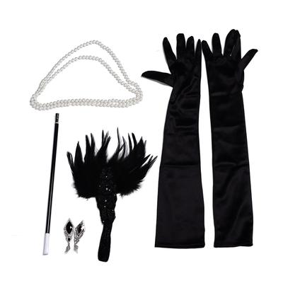 5pcs Party Costume Headband Feather Headpiece Fake Pearl Necklace Rhinestone Earrings Gloves Cosplay Set