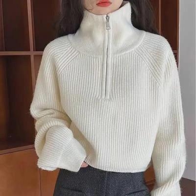 2024 Herbst/Winter Koreanischer Stil Locker Stehkragen Halbreißverschluss Dick Gestrickter Pullover für Damen