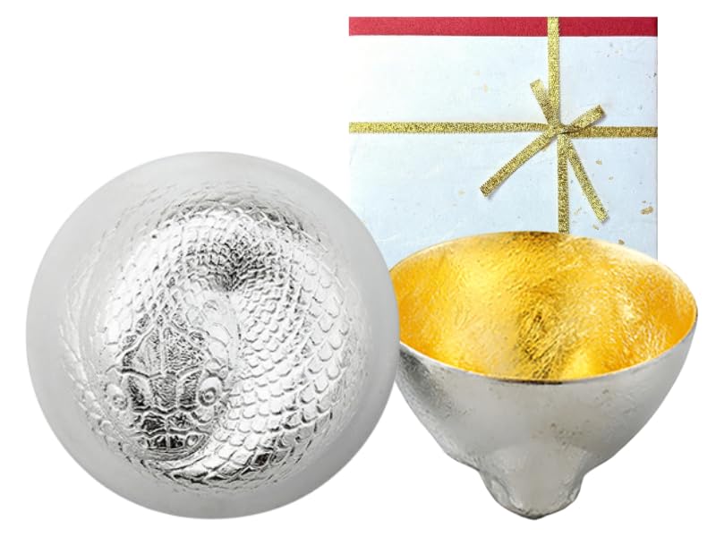

[Nousaku Gold Ribbon Washi Wrapping] Zodiac Sake Cup with Gold Leaf, Snake Design