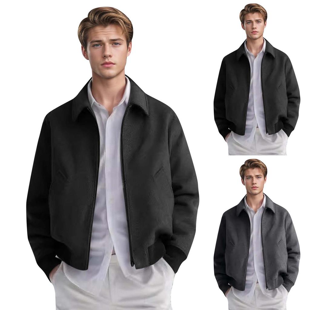 Men's Solid Color Lapel Woolen Coat Casual Slim Fit British Style Jacket