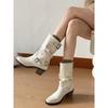 Pointed Thick Heel White Short Boots Women's British Style Belt Buckle Martin Boots Temperament Medium Tube Pile Boots