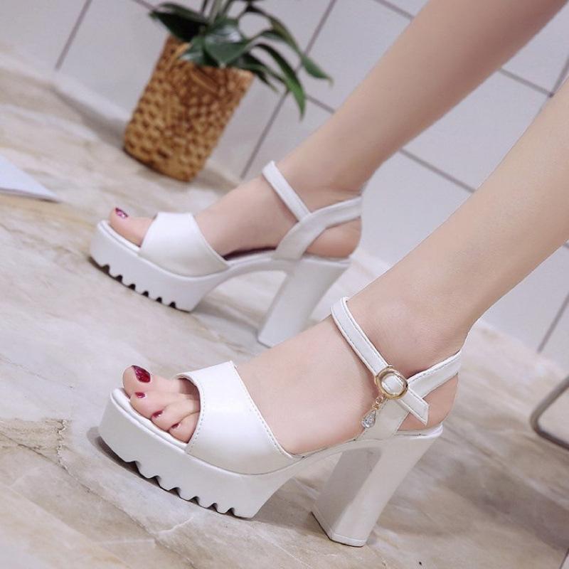 2025 Summer New Korean Version of Fish Mouth Versatile Waterproof Table High Heel Sandals Women's One-word Buckle Thin Heel Fashion Women's Shoes