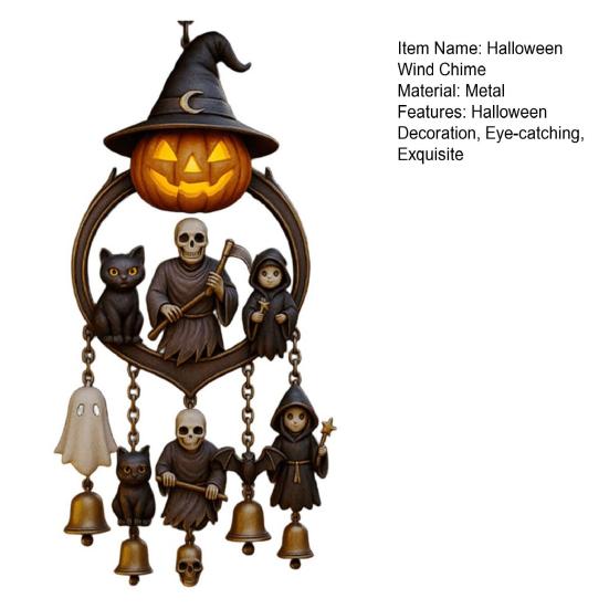 Halloween Gothic Wind Chime Spooky Bell Chime with Carved Pumpkin Lantern Ghost Grim Reaper Black Cat for Porch Lawn Window Decor
