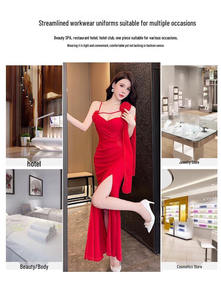 Japanese Style Spa Technician Dress: Three-Dimensional Rose Spaghetti Strap Evening Design