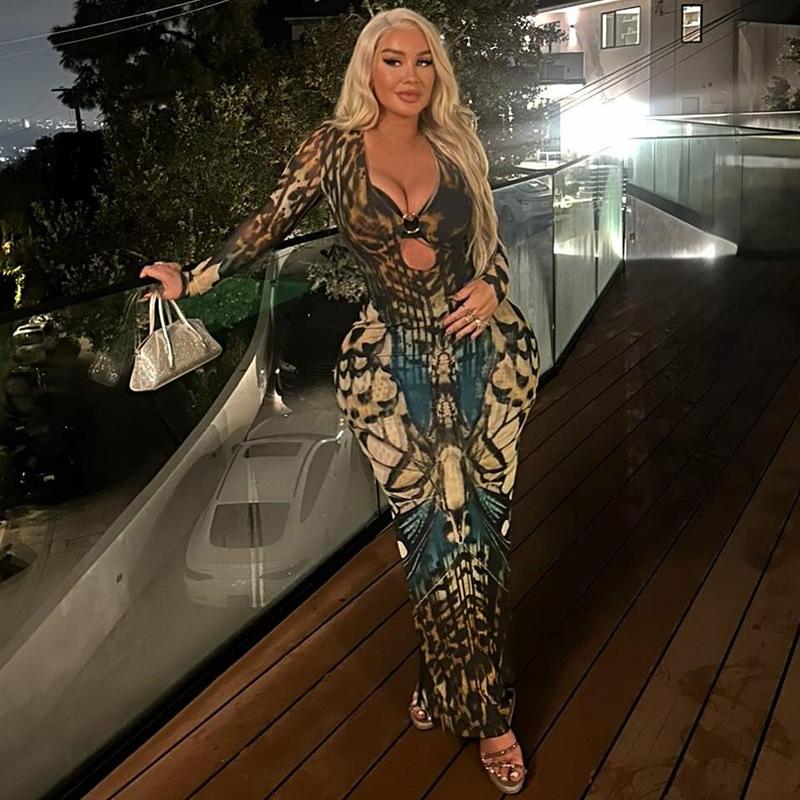 Women V Neck Long Sleeve Bodycon Midi Dress with Abstract Pattern and Cut Out Detail