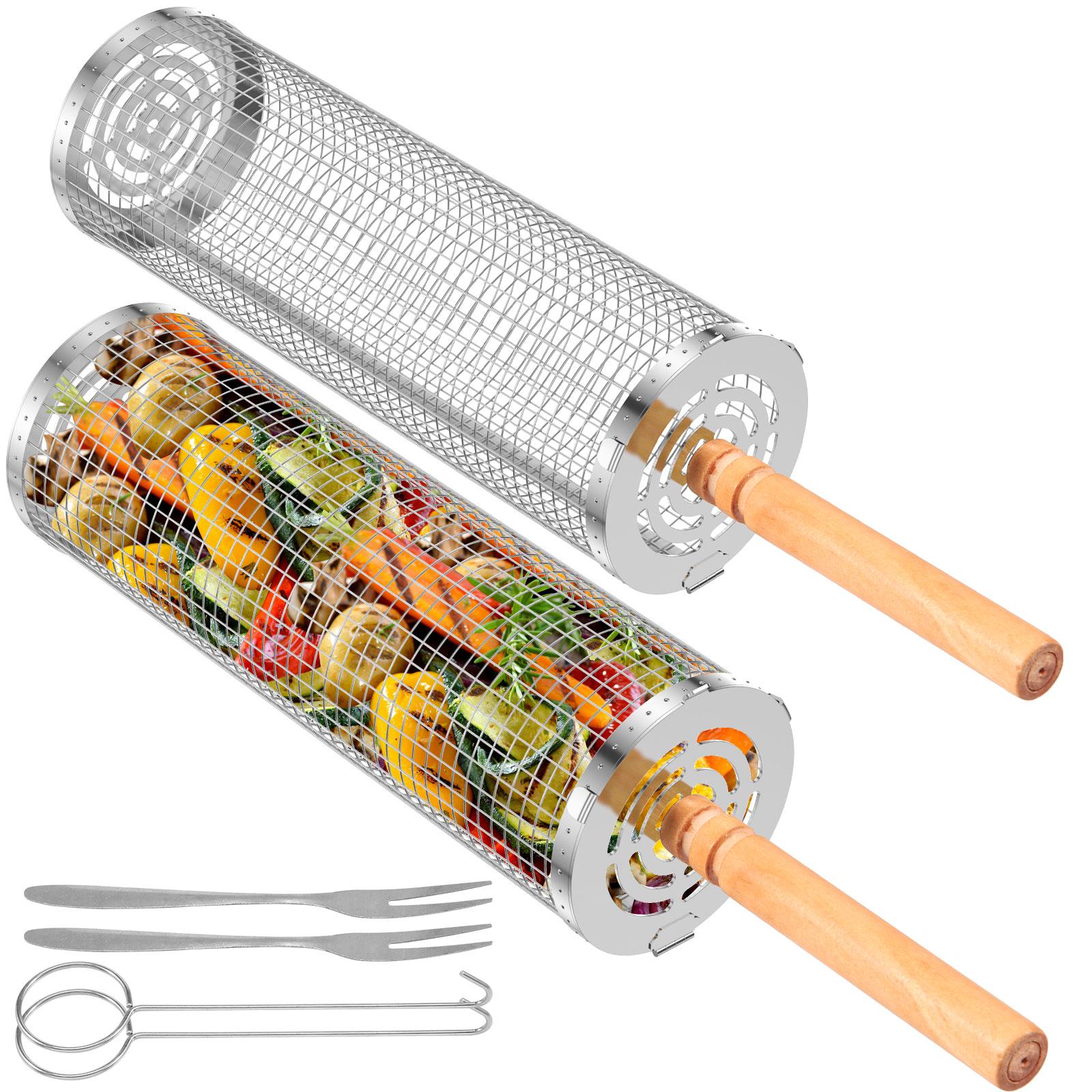 Rolling Grill Basket BBQ Removable Wooden Handle Stainless Steel Nesting Grilling Net for Vegetable Shrimp Outdoor Camping Grill