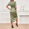 women's Satin Short Sleeve High Waist Wrap V Neck Dress Elegant Ruched Irregular Midi Party Dress