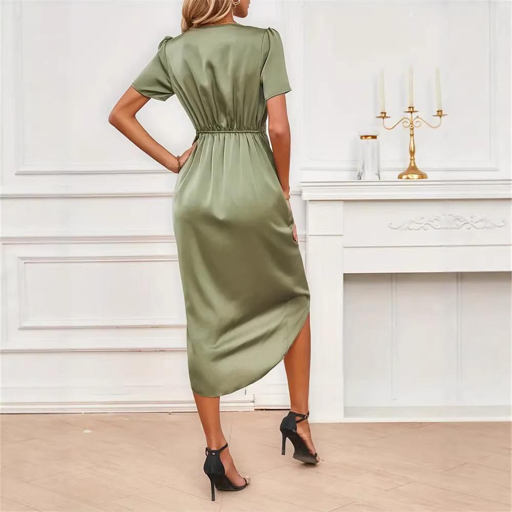 women's Satin Short Sleeve High Waist Wrap V Neck Dress Elegant Ruched Irregular Midi Party Dress