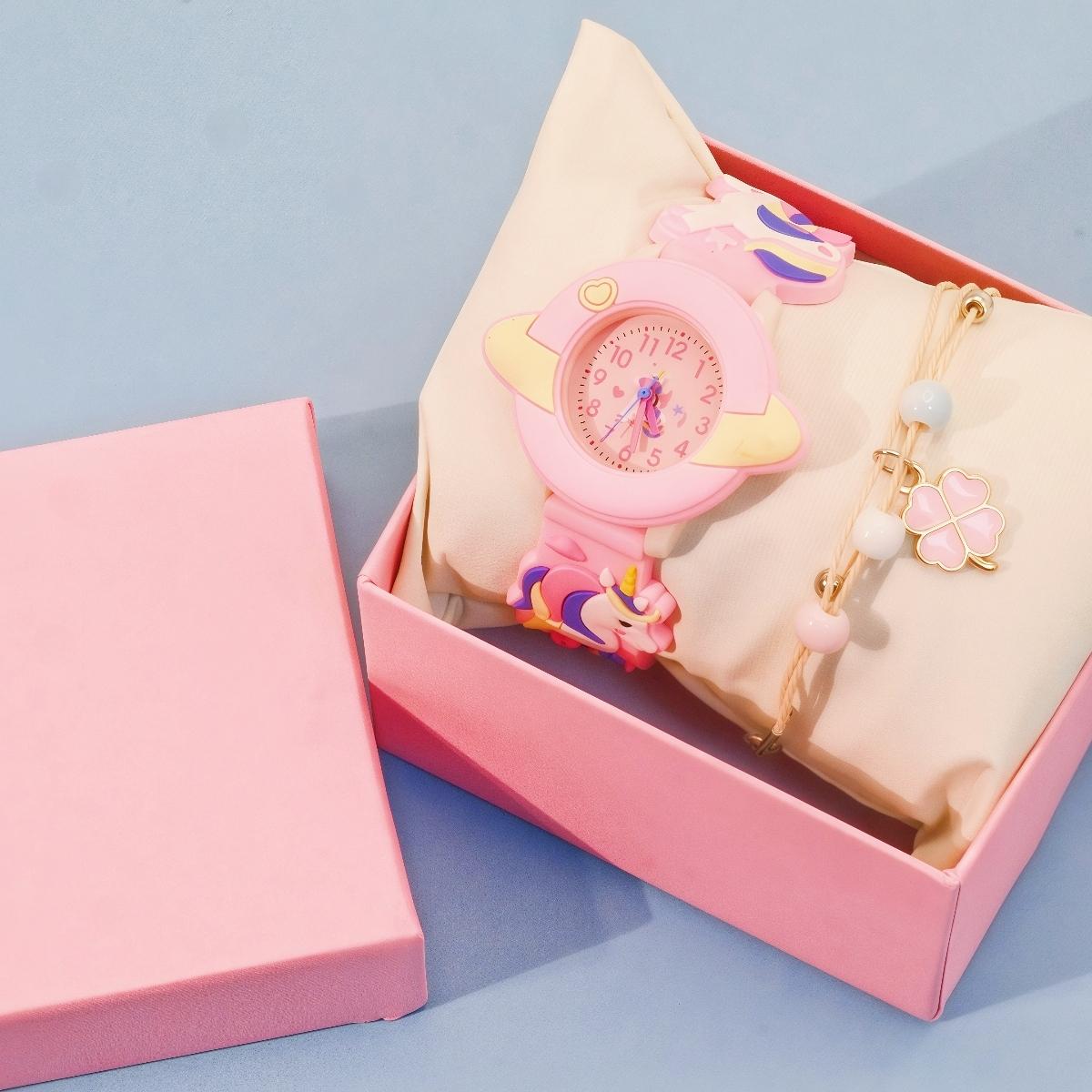 

Модные высококачественные часы и браслет для женщин, двухкомпонентный набор, креативный циферблат с планетами, милый единорог, тренд, милые универсальные розовый