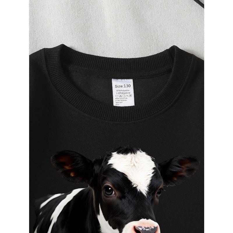 European sizes Kids' Crewneck Sweatshirt Black And White Cow Pattern Print , Sportswear And Casual Wear, Soft And Comfortable, Children's Clothing