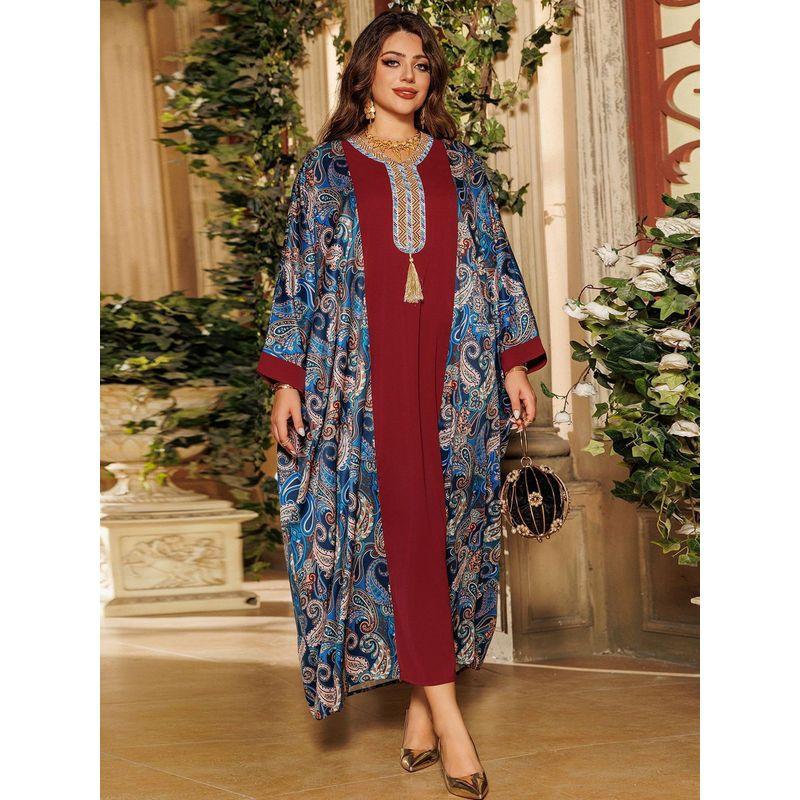 Women clothes 2024 Autumn New Batwing Sleeve Free Size Hot Drilling Middle East Arab Patchwork Tassel Dress Dresses