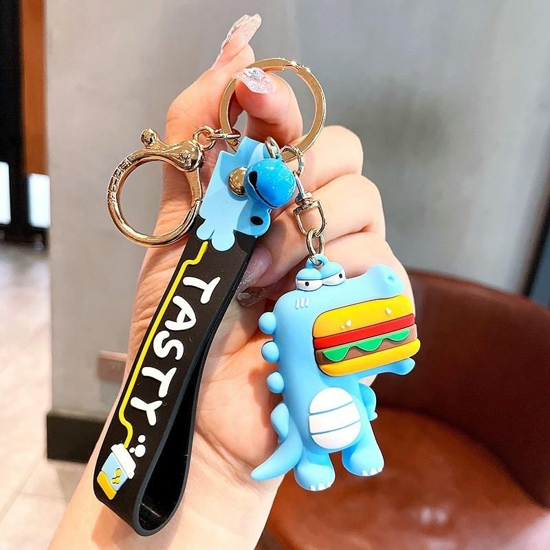 

Quirky Keychain Dinosaur Adorable Eating Hamburger Cartoon Rubber Figure Accessory Key Blue Burger Dino
