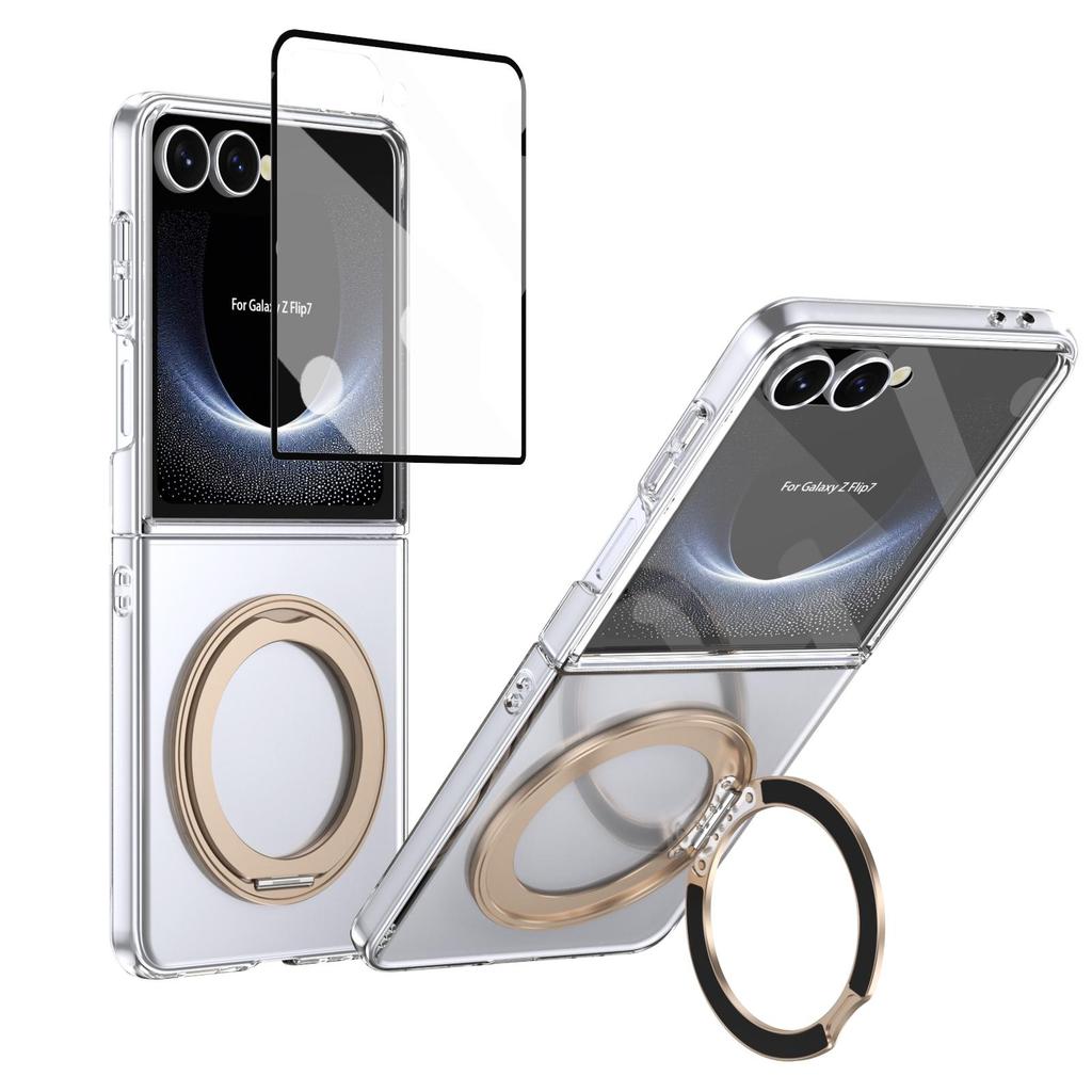 Metal Ring Stand Magetic Case for Samsung Galaxy Z Flip 8 7 6 5 4 with 360 Swivel Bracket Clear Cover Clear Glass Screen Protector