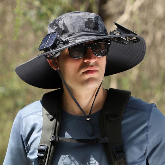 Men Hat Summer Outdoor Mountaineering Fishing Anti-UV Sun Hat with USB Solar Charging Built-in Fan Three Speed Settings Hiking Cooling Hat