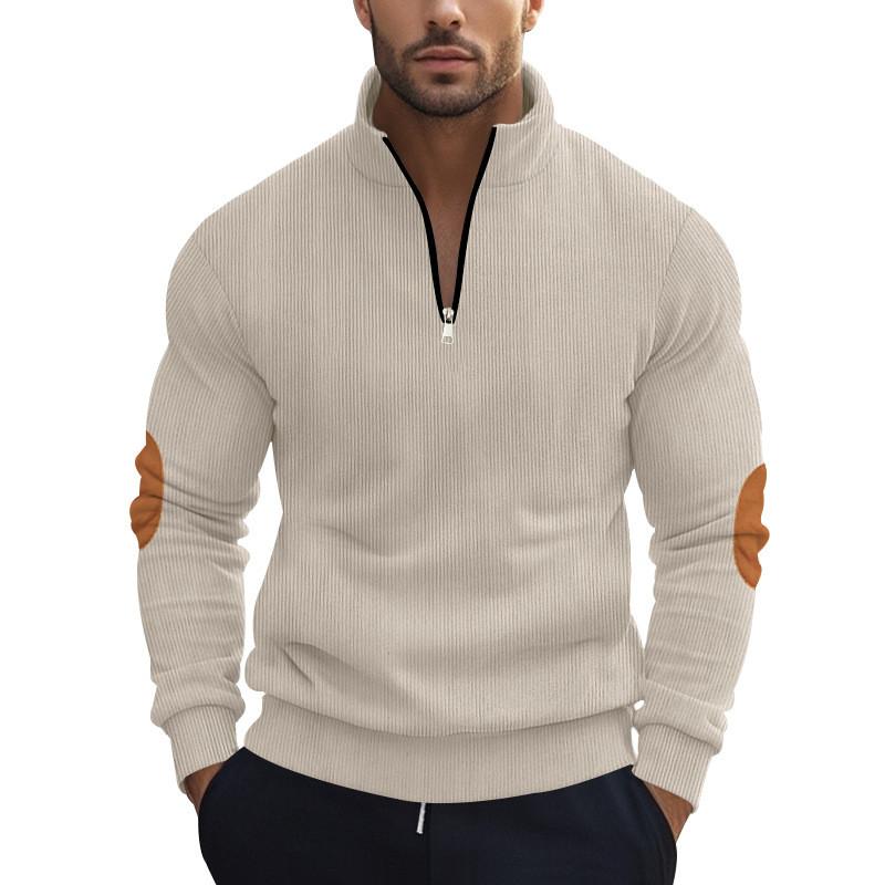 Corduroy Mens Stand Collar Pullover Sweatshirt With Zipper Closure For Casual Fall Wear
