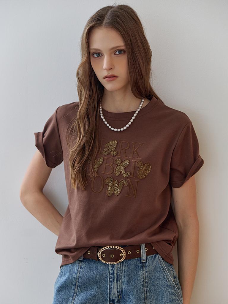 MAXZA Sequin Lettering Round Neck Short Sleeve T-Shirt