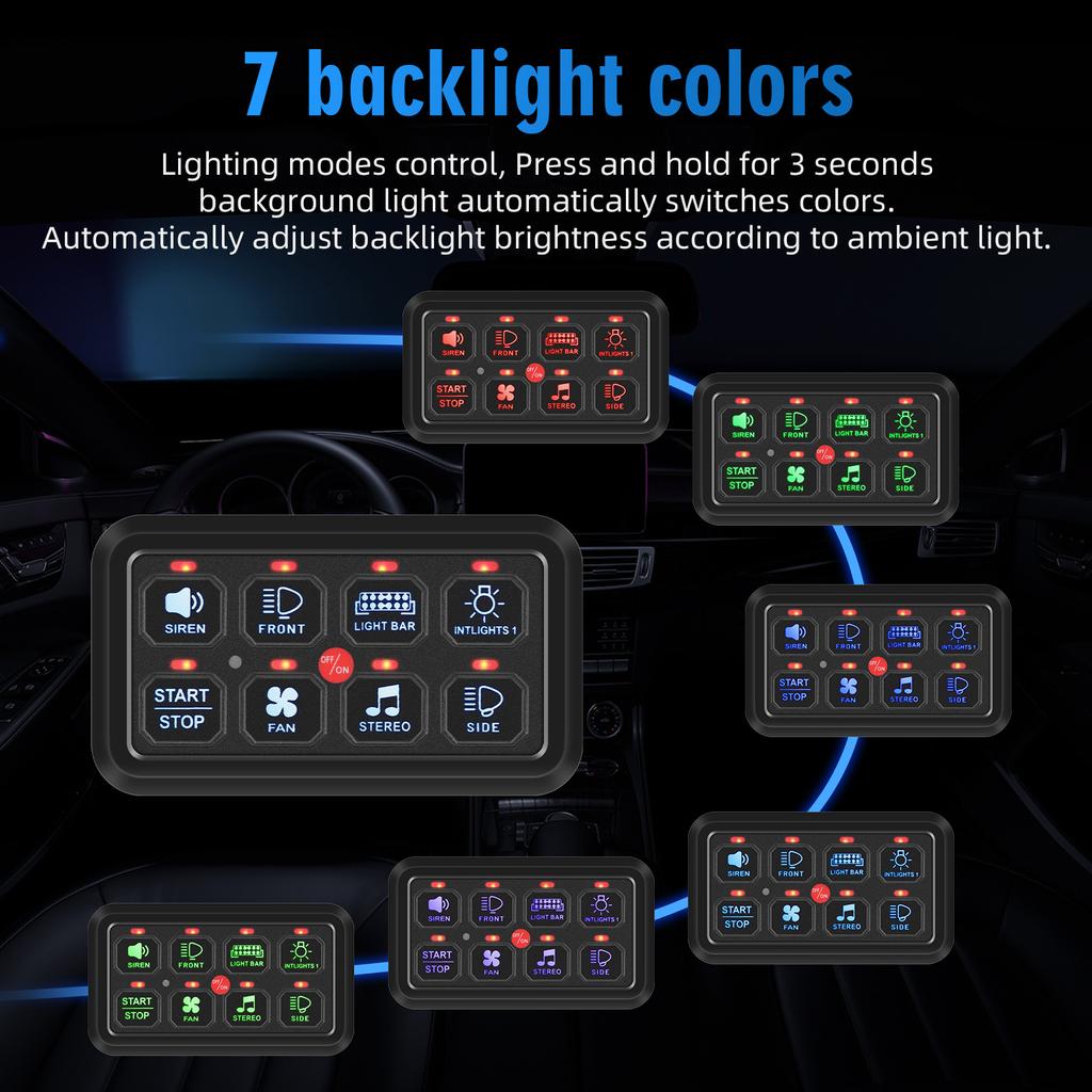 Universal Car 6/8 Gangs On-Off Control Switch Panel 7 LED Senstive Control 12V Combination Switch Electronic Relay System Panel