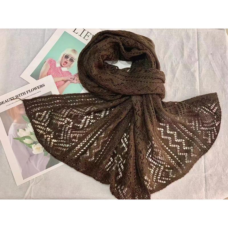 New Hollow Solid Color Knitted Scarf for Women Autumn and Winter Hollow Warm Scarf Versatile Retro Scarf
