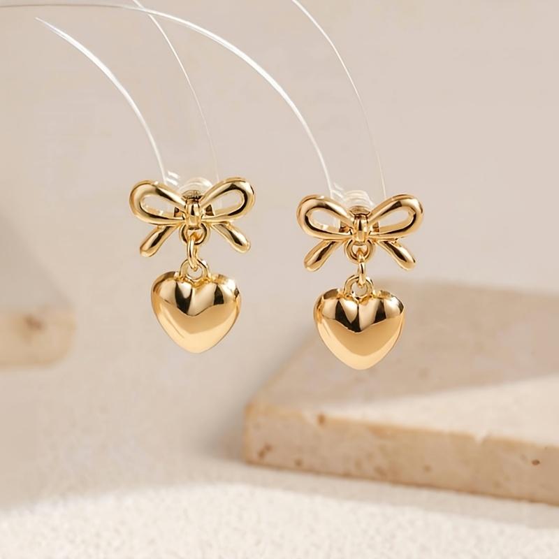 Charming Vintage Bow Heart Dangle Earrings, Elegant Style for Women, Perfect for Daily Commute Vacation Wear