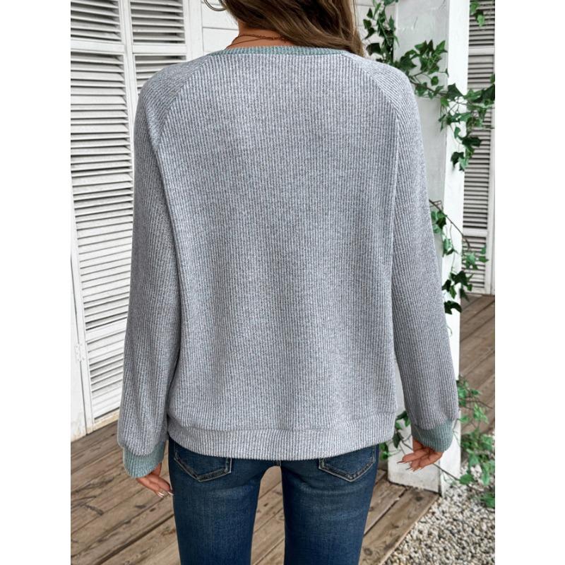 Womens Color Block V Neck Loose Long Sleeve Knit Sweater