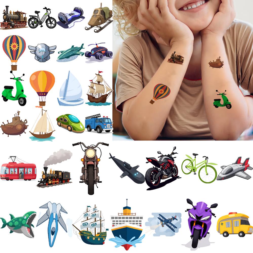 54pcs Temporary Tattoo Cartoon Airplane Motorcycle Submarine For Boys Arms Shoulders