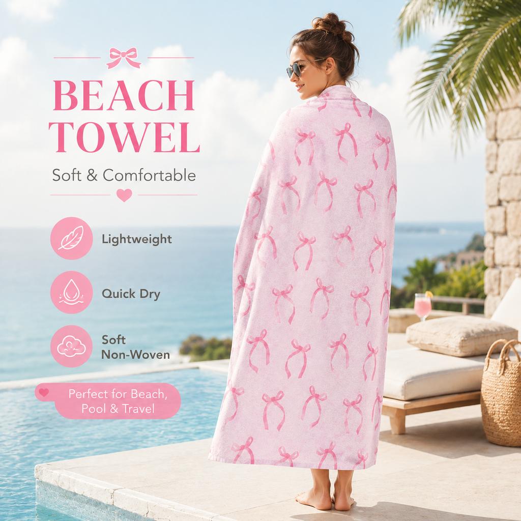 Pink Bow Beach Towel flat print Coquette Aesthetic Ribbon Bath Towels for Summer Holiday Pool Party Outdoor Travel Shawl