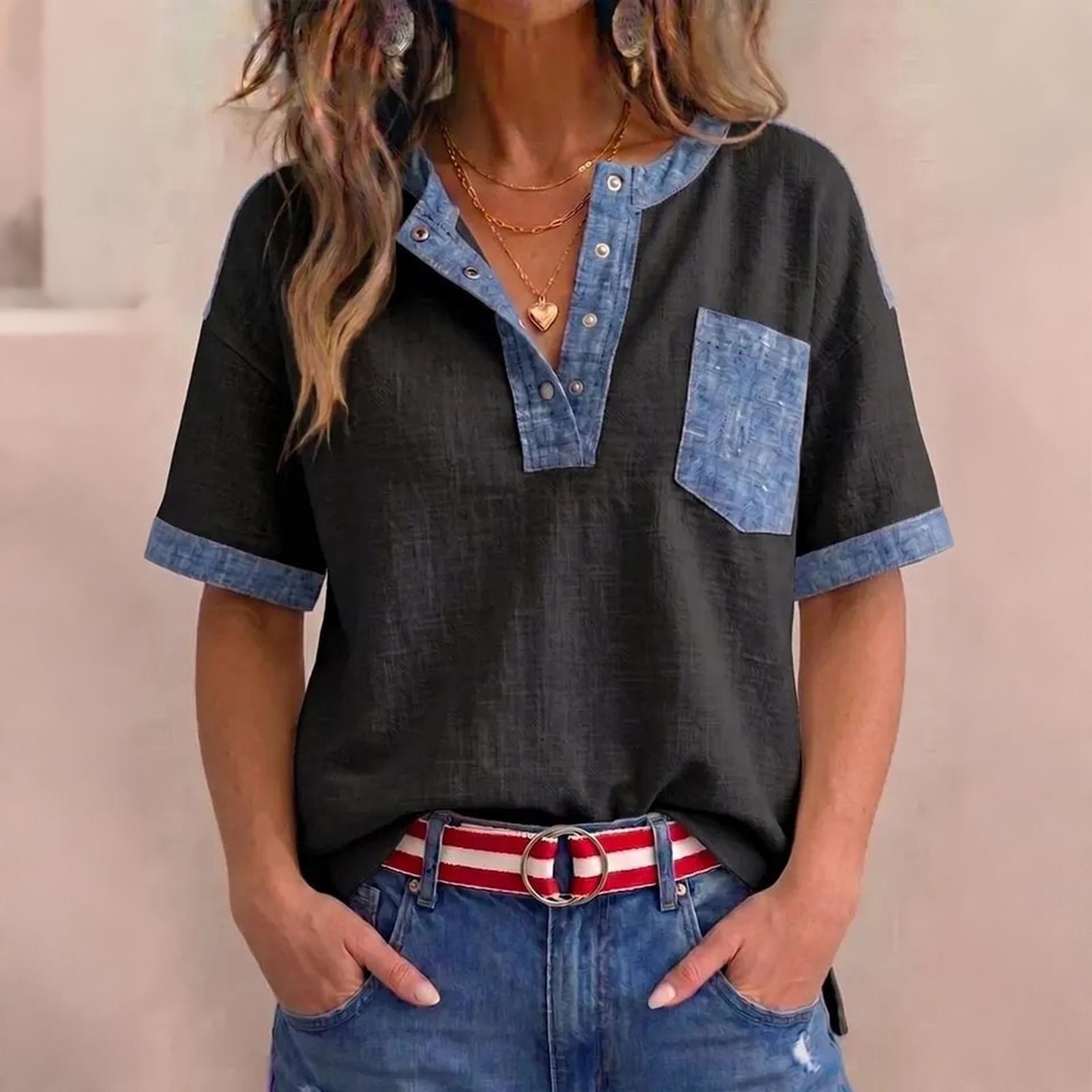 

Women s V Neck Shirt Casual Loose Fit Patchwork T Shirt Top with Short Sleeves and Chest Pocket for Everyday Wear XXL чёрный