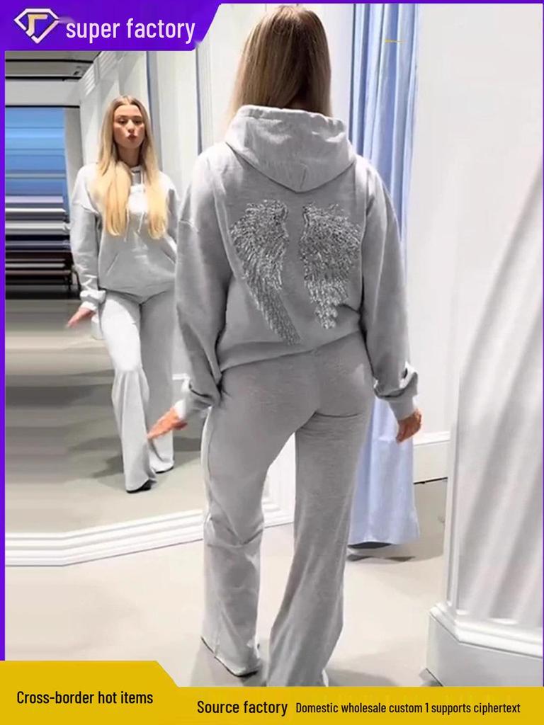 Europese & Amerikaanse Pailletten Vleugel Effen Kleur Dames Casual Set, 2026 Collectie