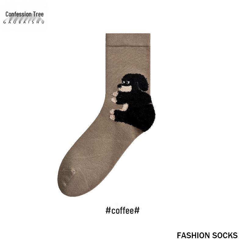 Women's Flocked Puppy Mid-Calf Socks - Cute, Warm, 3D Cartoon Style for Autumn/Winter