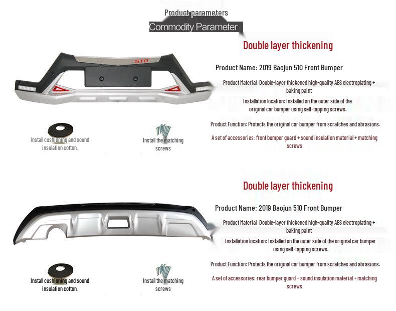 Kompatybilne listwy ochronne zderzaka przedniego i tylnego do Baojun 530 (2018) i Listwy dekoracyjne do Baojun 530 (2019), Modele 510.