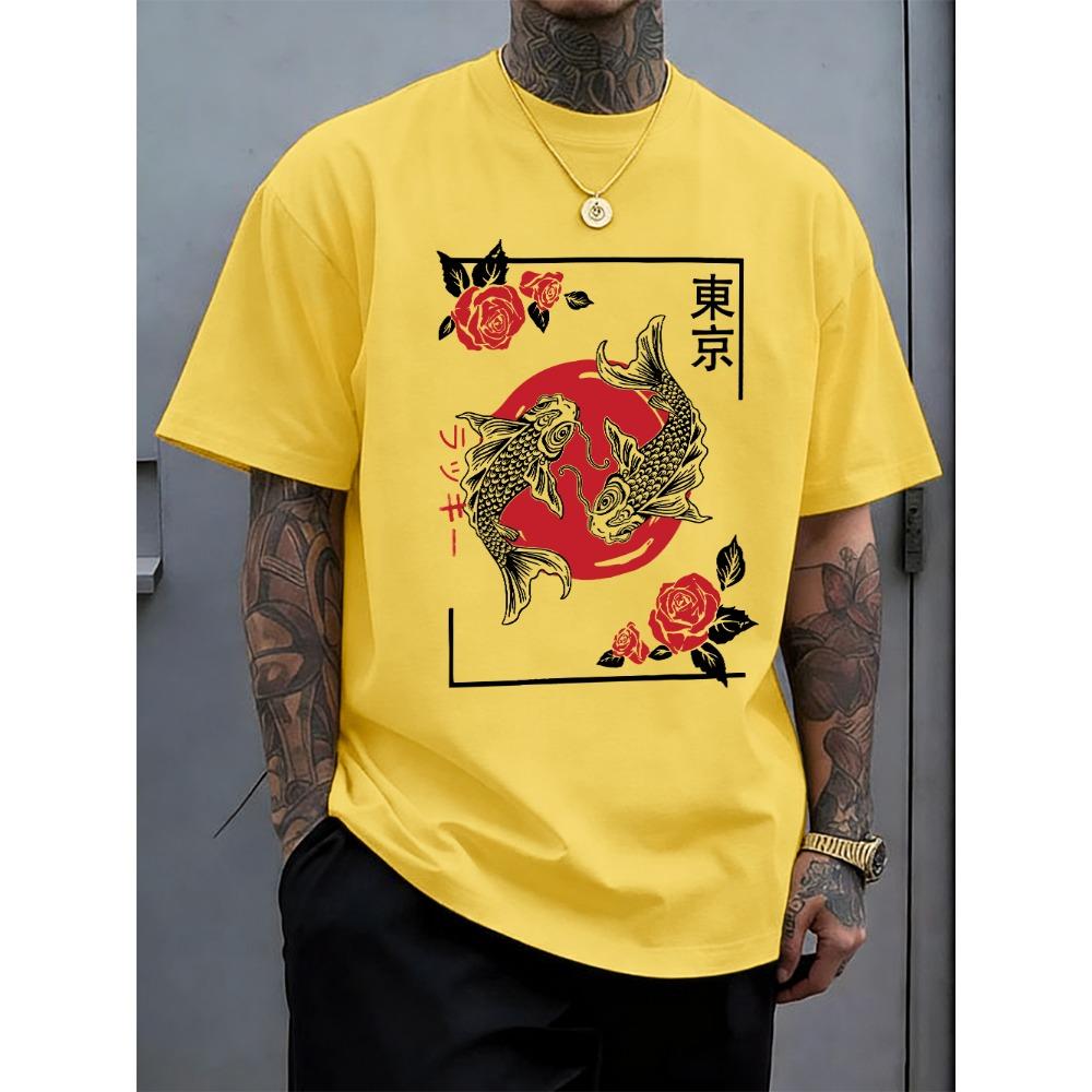 Tokyo Harajuku Koi Fish Printed Mens T-Shirt Cotton Summer Short Sleeve Tops Soft Oversized O-Neck T Shirt Clothes