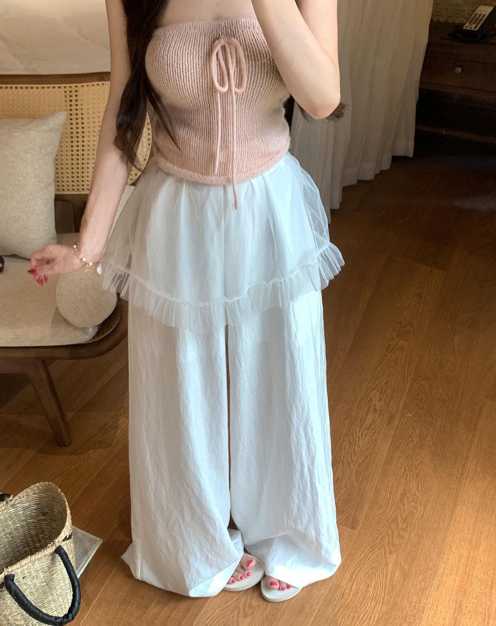 

High-Waisted Mesh Spliced Two-Piece Wide-Leg Pants for Women Large