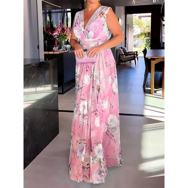 

Chiffon Long Dress European and American Women s Clothing Summer New V-neck Backless Print Chiffon Long Dress Pink 2XL