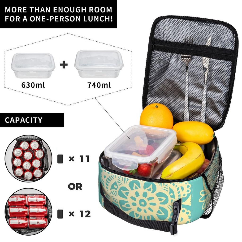 Green Bohemian Mandala Insulated Lunch Bag for Women Children Leakproof Food Boxes Thermal Lunch Box Tote