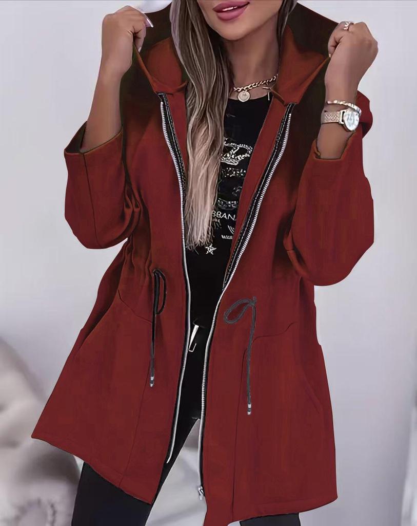 European & American Women's Fashion Zipper Hooded Mid-Length Jacket with Cinched Waist
