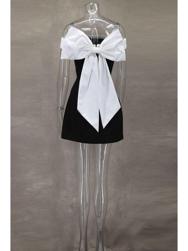 One-Shoulder Black & White A-Line Dress with Bow - Waist-Defining Design, Spring/Summer