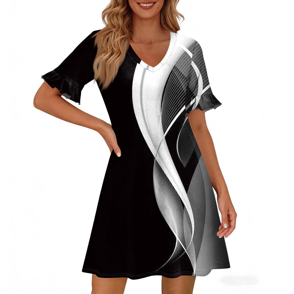 Robe d'été trapèze pour femme à manches courtes et col en V imprimée avec poches