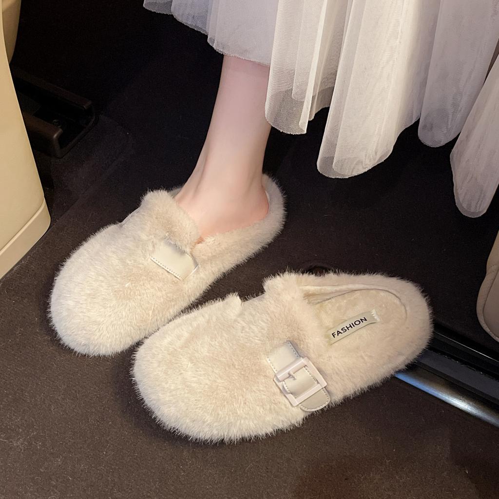 2025 new autumn and winter high-end plush cotton slippers = fashionable bag head fluffy slippers for women