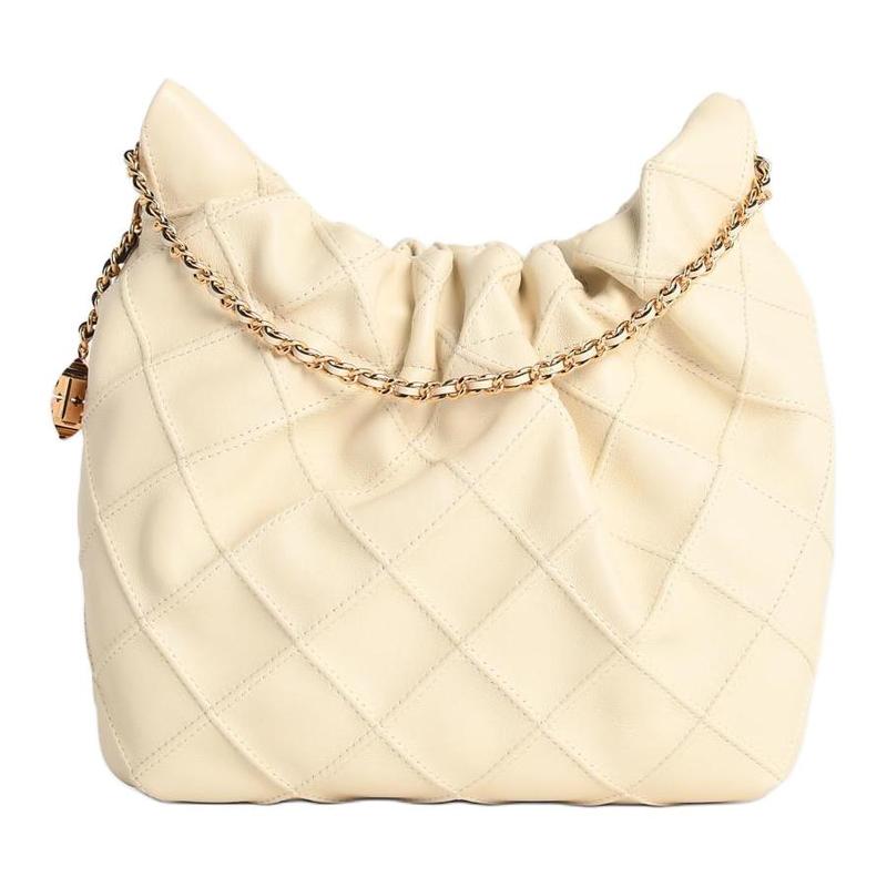 TORY BURCH Fleming Embossed Diamond Double Chain Handle Sheepskin Shoulder Bag Mini Women Cream 162451-252