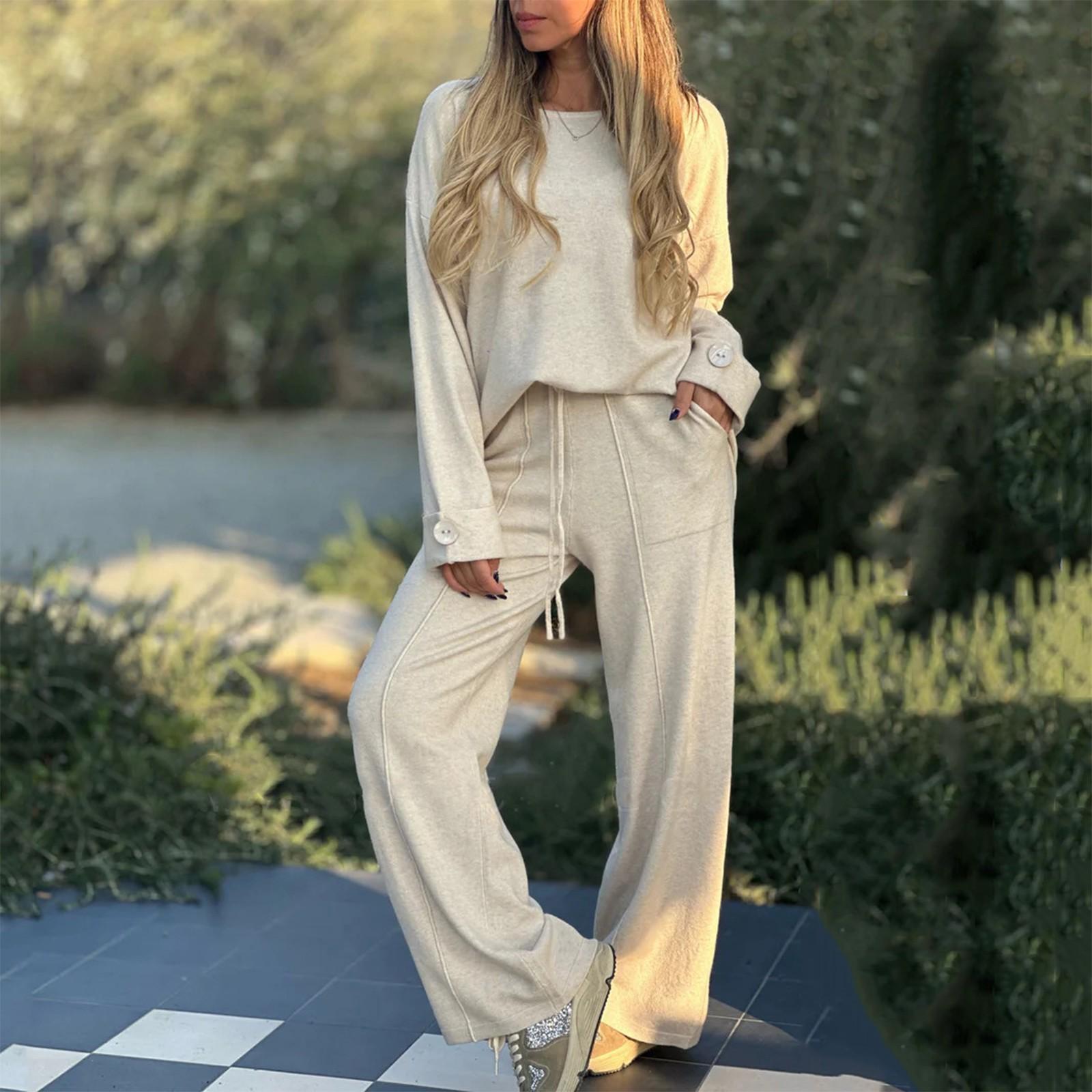 

Женская мода повседневная с длинным рукавом широкие длинные брюки комплект из двух частей свитшот с длинным рукавом L бежевый